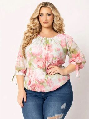 Curvy Sense 2XL ROMANCE FLORAL Blouse Top in Sage Rose Pink NWOT